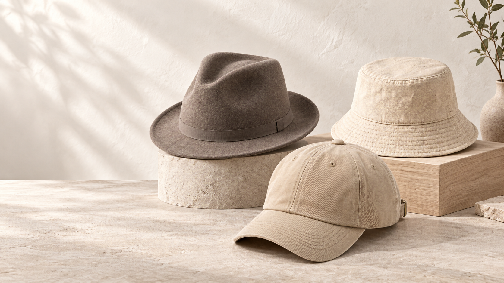Sand cap, oat bucket and taupe fedora on warm stone and wood