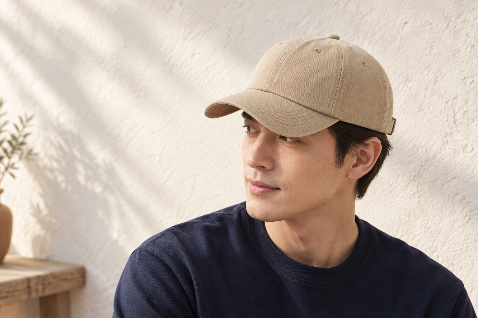 Adult styling a sand-colored curved cap