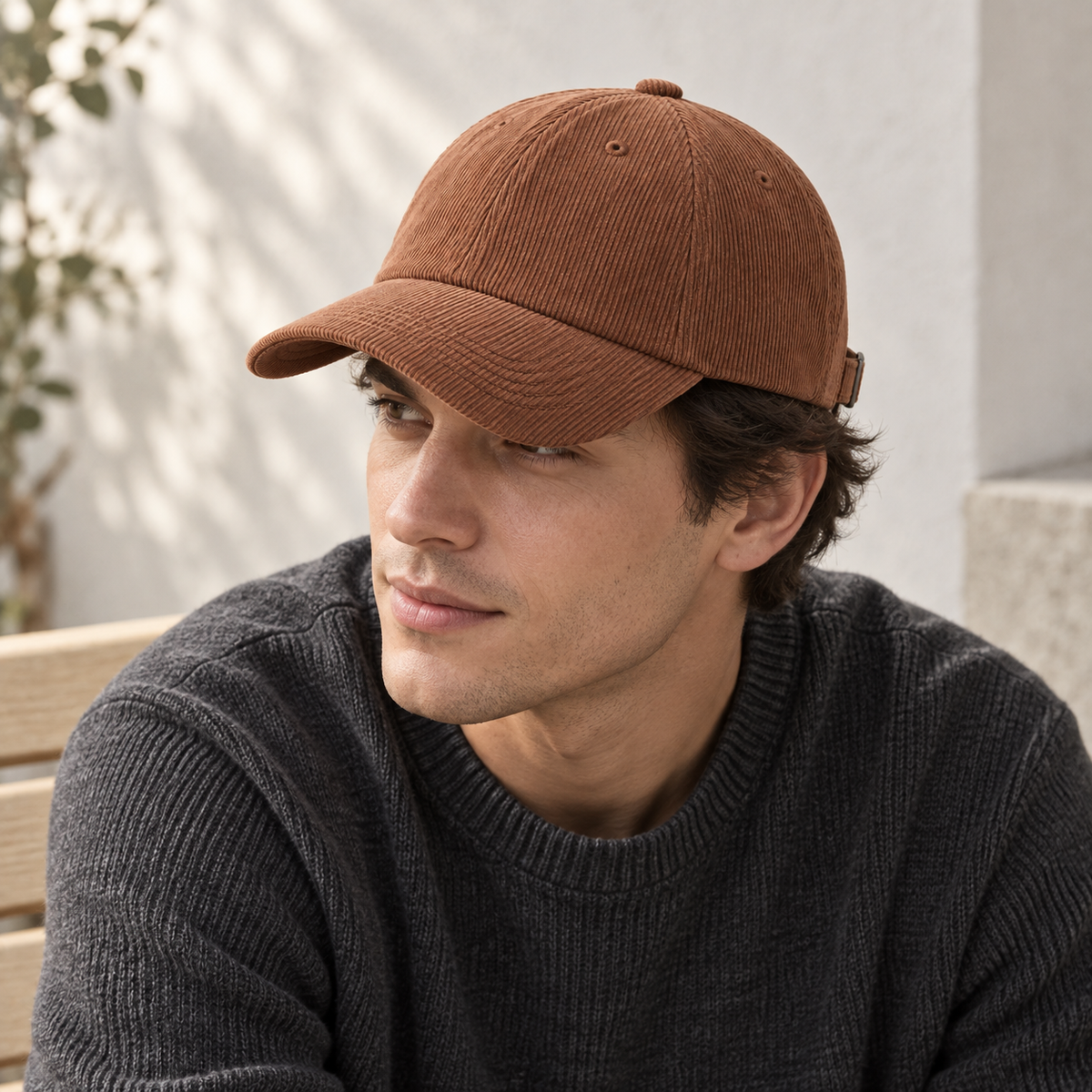 Clay Cord Cap in clay: adult styling view; clothing not included
