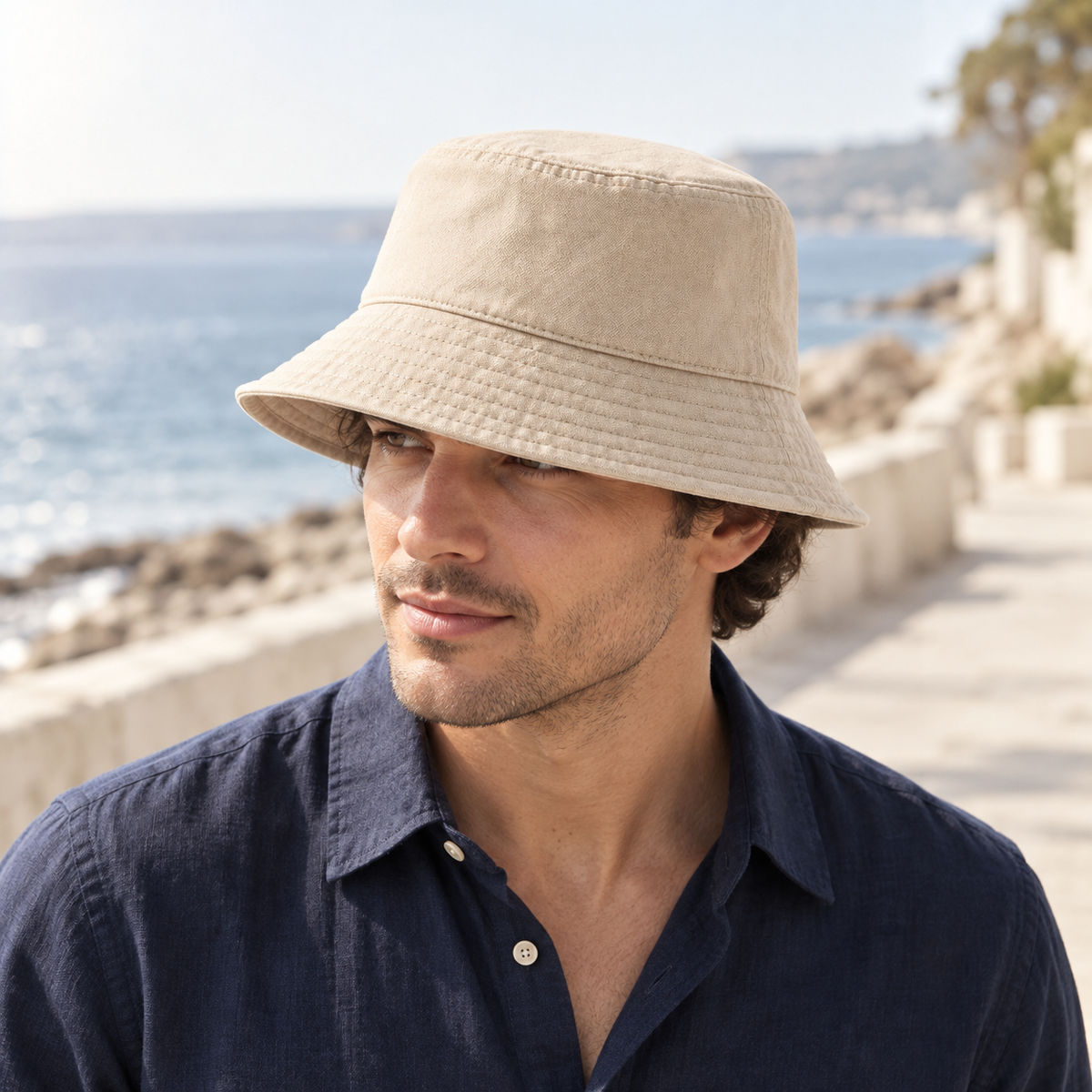 Cove Canvas Bucket in oat: adult styling view; clothing not included