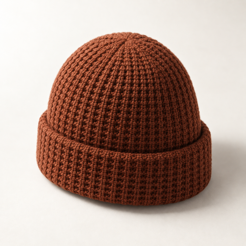 Ember Waffle Beanie in rust: crown and rear construction