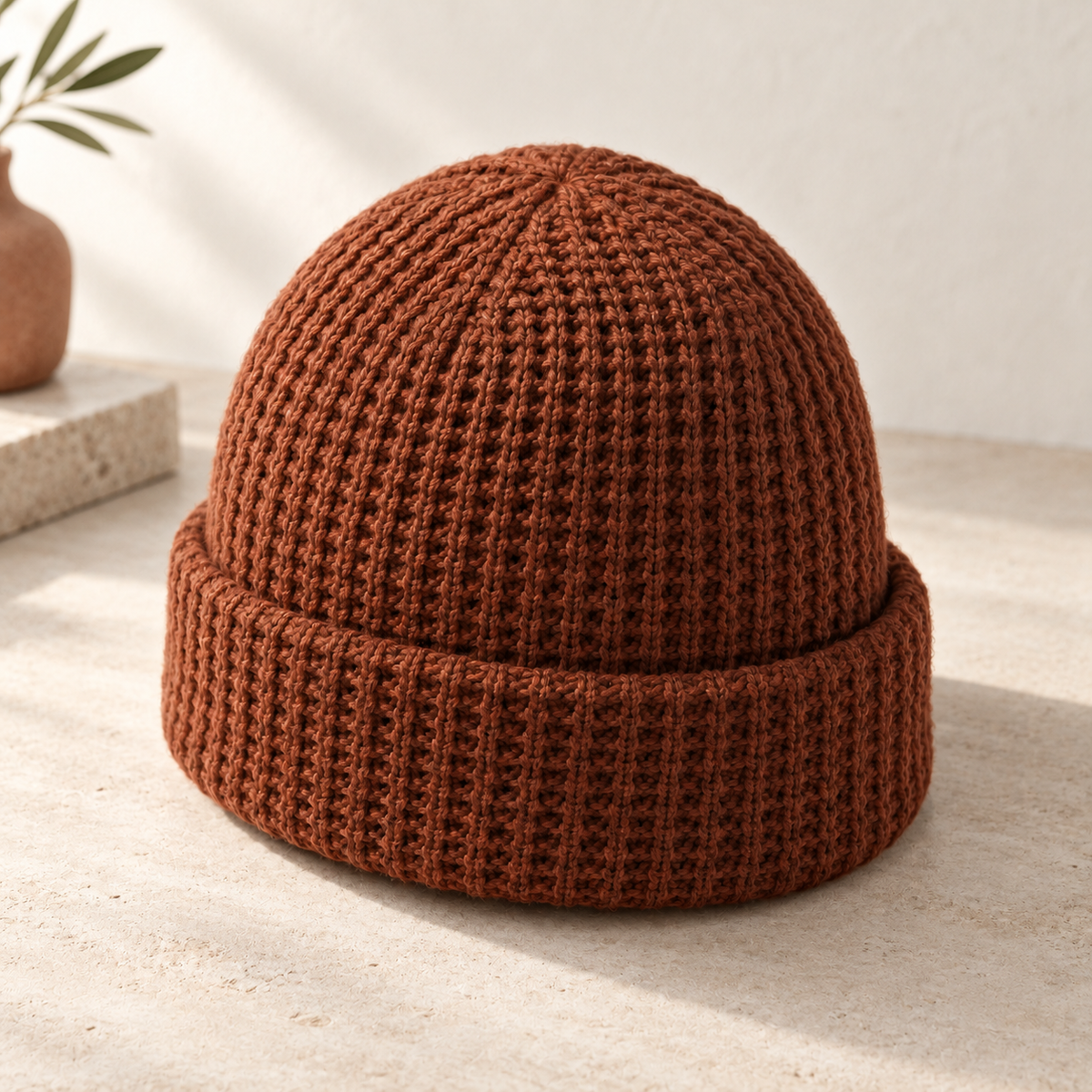 Ember Waffle Beanie in rust: surface and stitching detail
