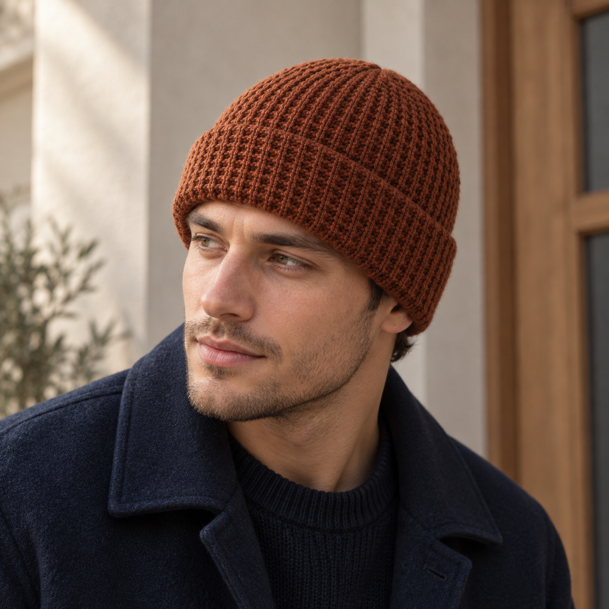 Ember Waffle Beanie in rust: adult styling view; clothing not included