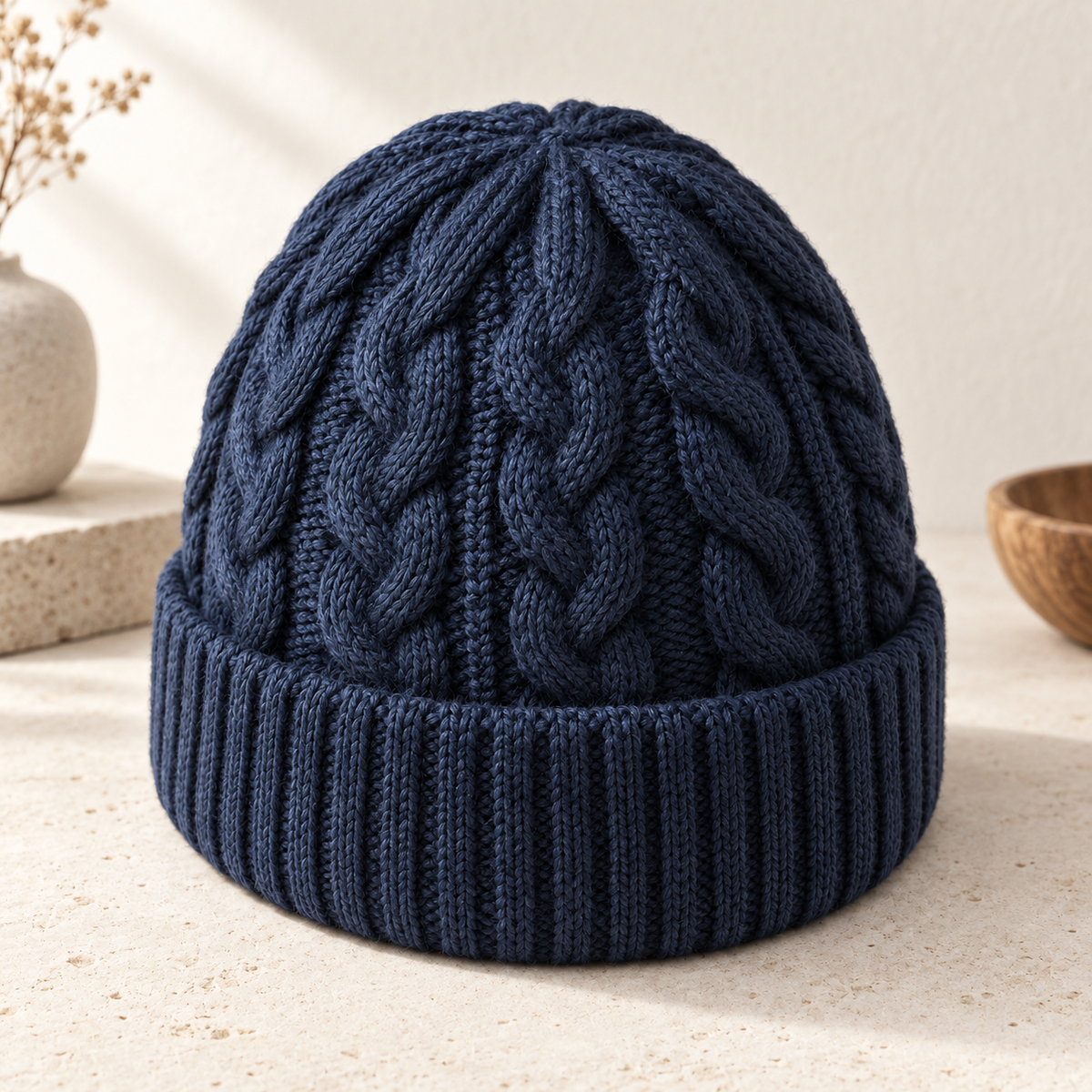 Fjord Cable Beanie in navy: surface and stitching detail