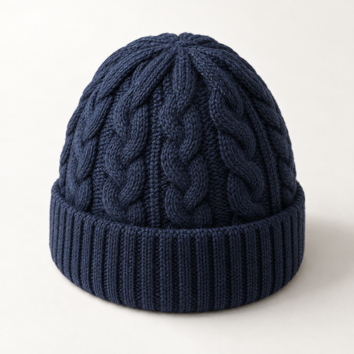 Fjord Cable Beanie in navy: complete front view