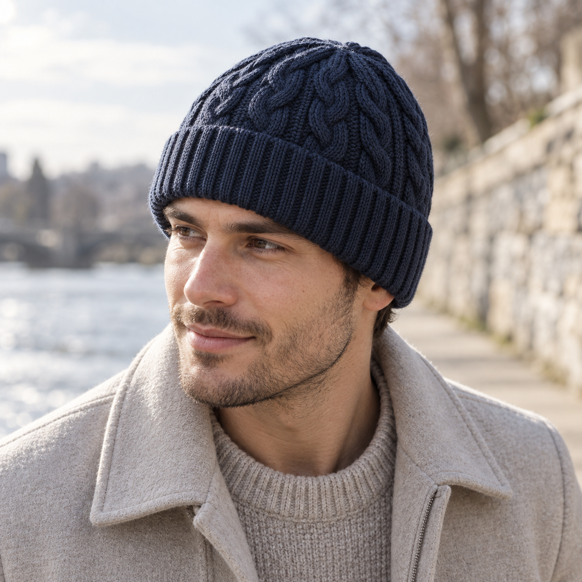 Fjord Cable Beanie in navy: adult styling view; clothing not included