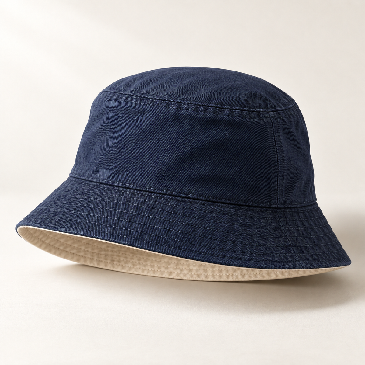 Harbor Twill Bucket in navy and mushroom: crown and rear construction