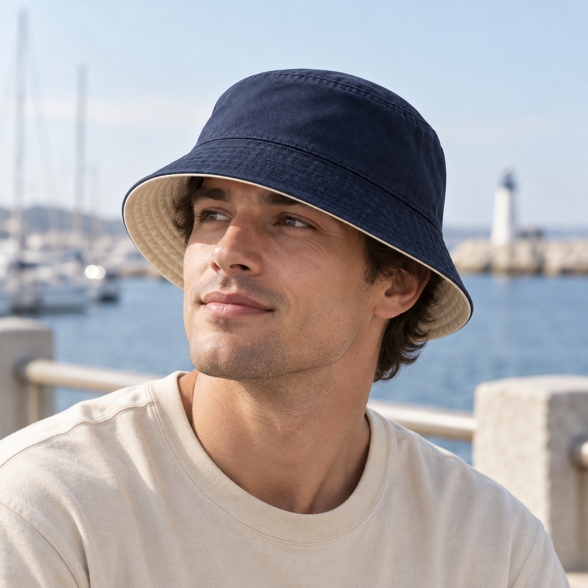 Harbor Twill Bucket in navy and mushroom: adult styling view; clothing not included