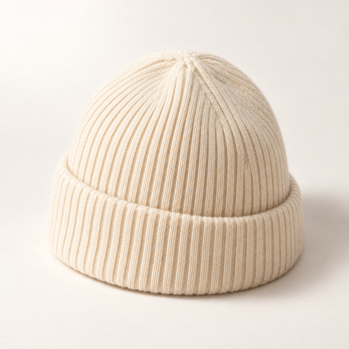 Loft Rib Beanie in ivory: crown and rear construction