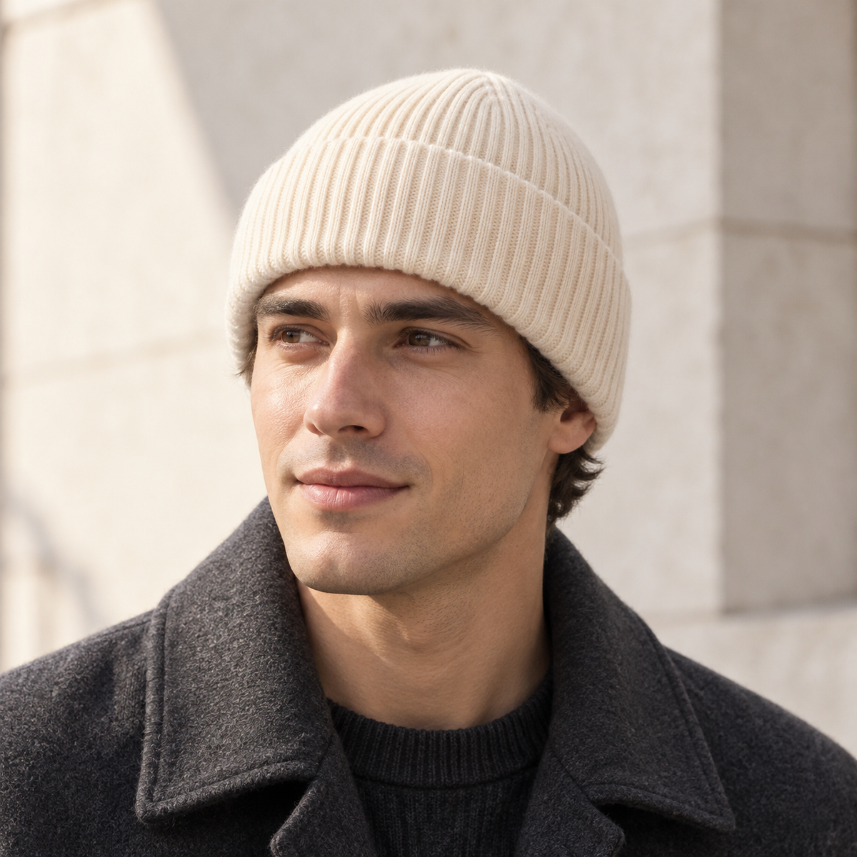 Loft Rib Beanie in ivory: adult styling view; clothing not included