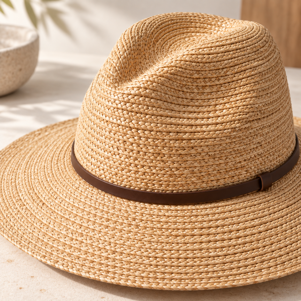 Marin Woven Sun Hat in natural wheat: surface and stitching detail