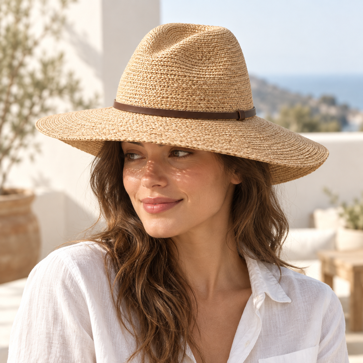 Marin Woven Sun Hat in natural wheat: adult styling view; clothing not included