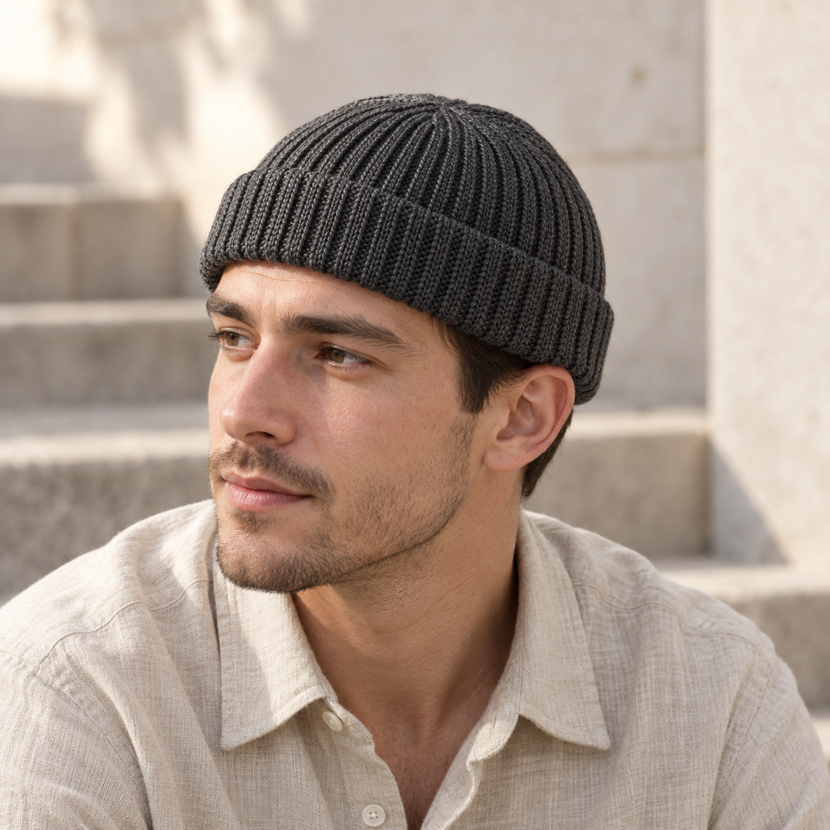 Rove Fisherman Beanie in charcoal: adult styling view; clothing not included