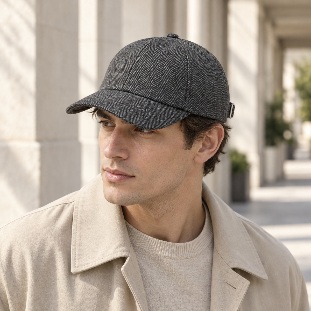 Slate Herringbone Cap in graphite: adult styling view; clothing not included