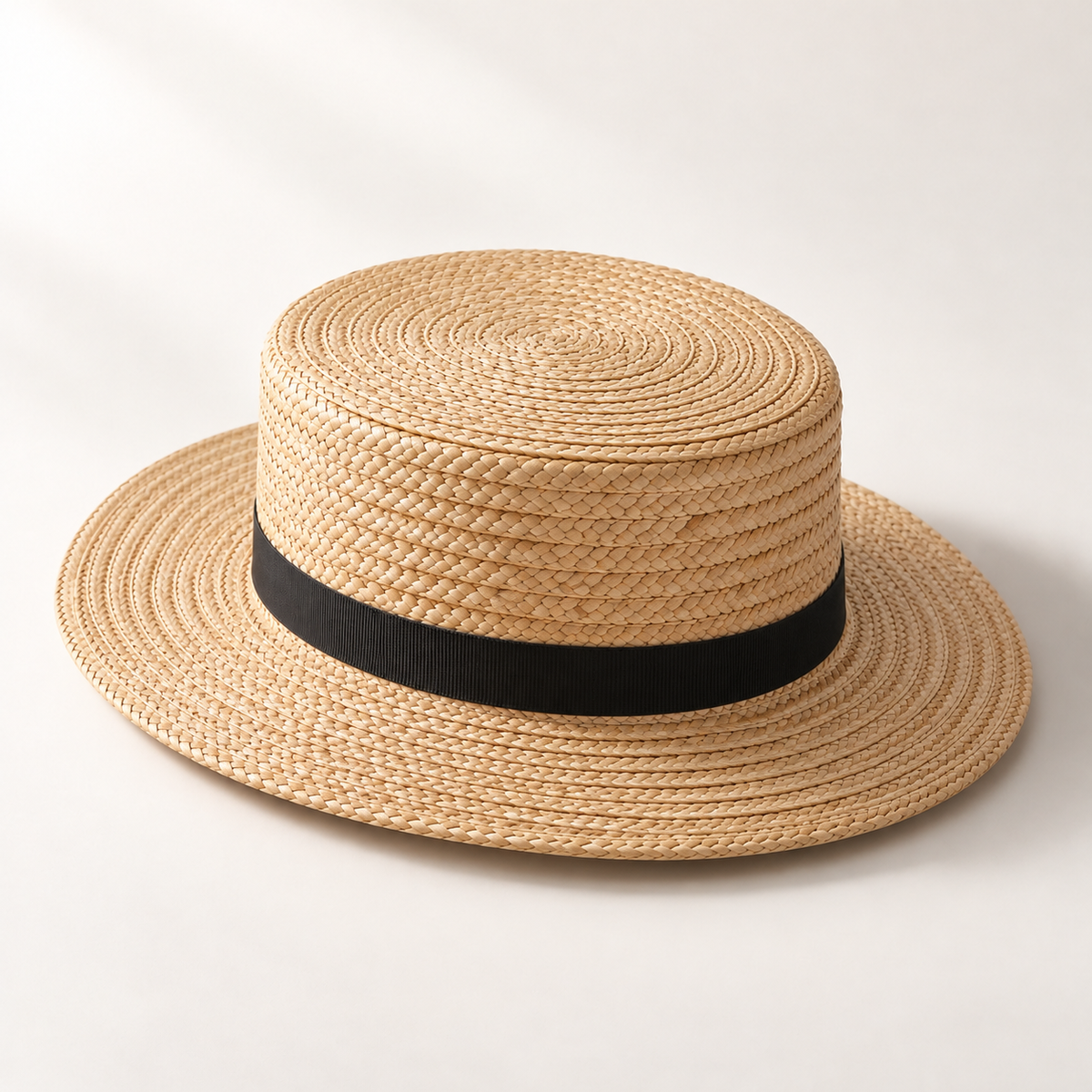 Solstice Woven Boater in pale wheat and black: crown and rear construction