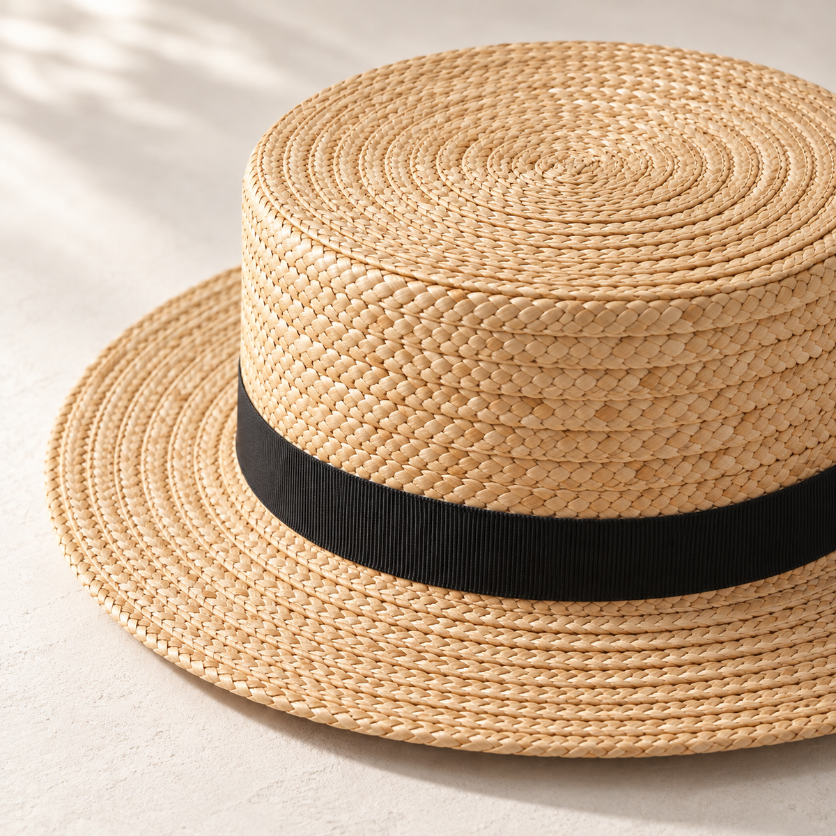 Solstice Woven Boater in pale wheat and black: surface and stitching detail