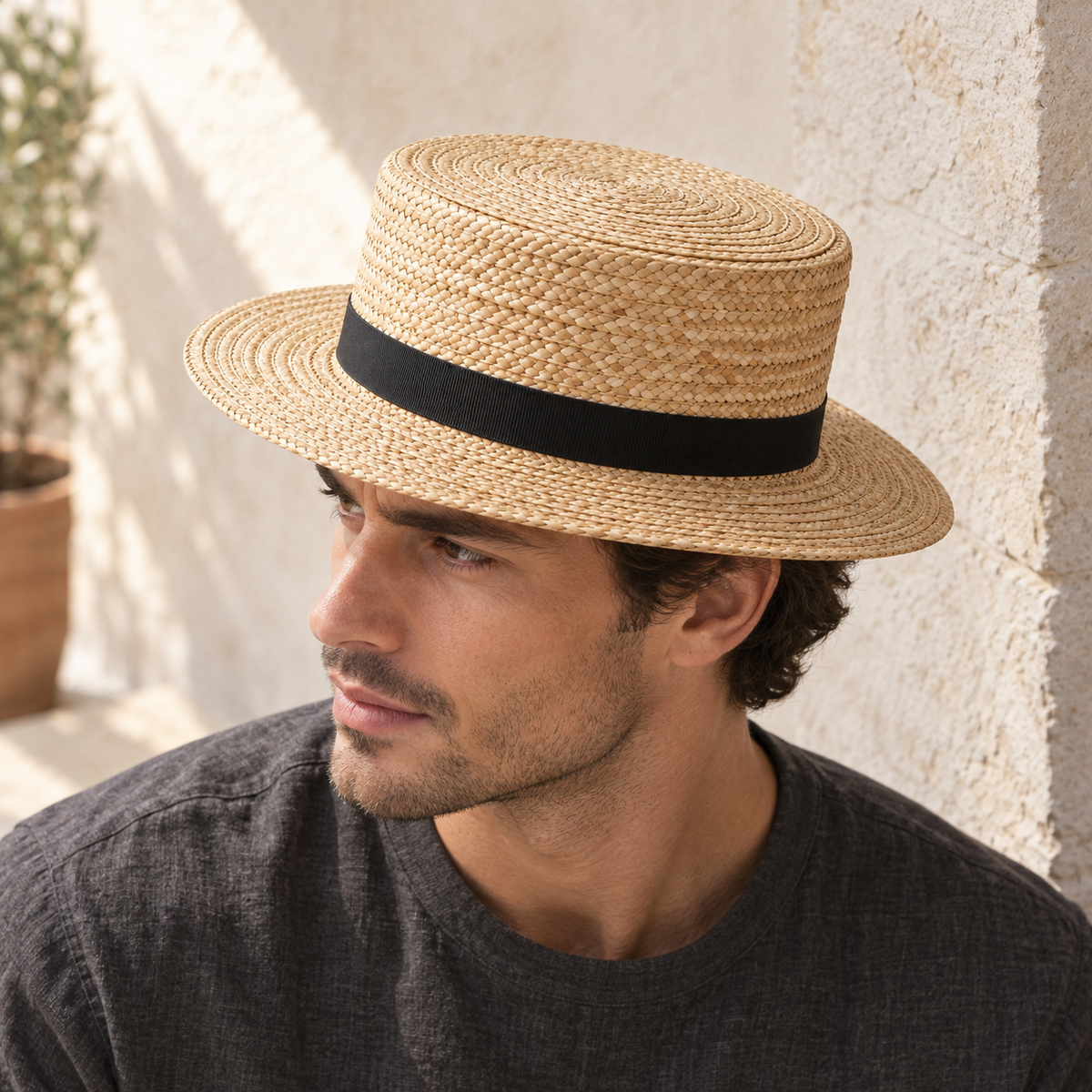 Solstice Woven Boater in pale wheat and black: adult styling view; clothing not included