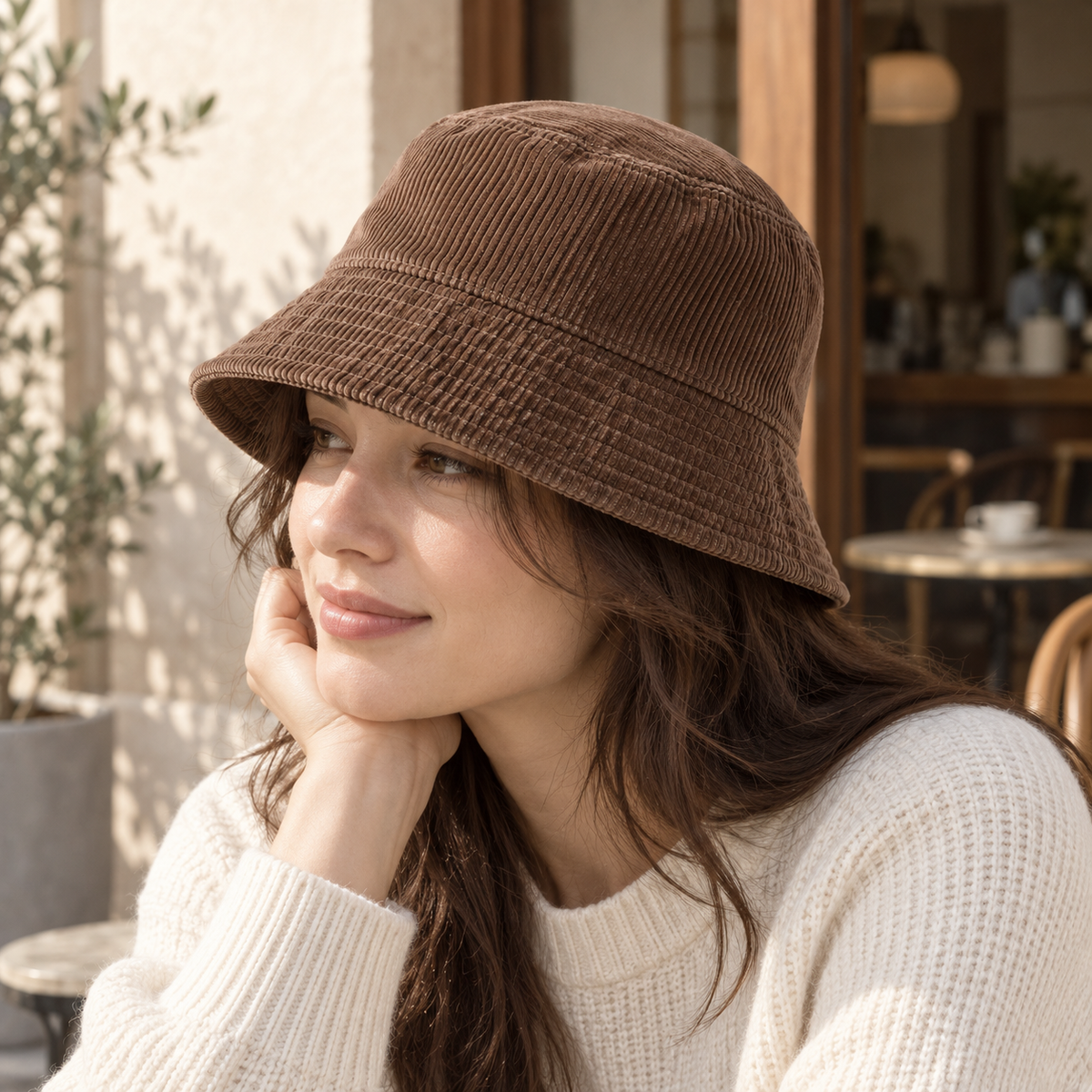 Terrace Cord Bucket in cocoa: adult styling view; clothing not included