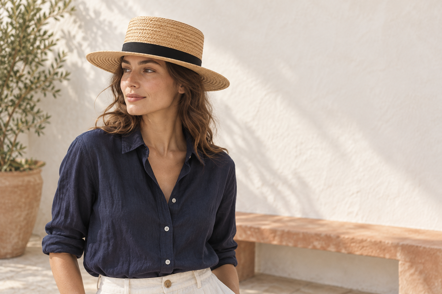 Adult in a woven flat-top boater and navy shirt
