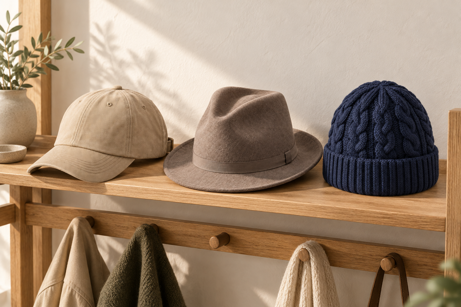 Three hat shapes arranged on an everyday wardrobe shelf